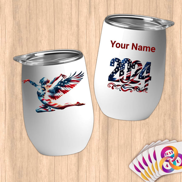 Physical Item 12 oz / White Patriotic Gymnast American Flag Wings~Limited Edition 2024 "USA Excellence" ~ Customizable 12oz Wine Tumbler with Lid