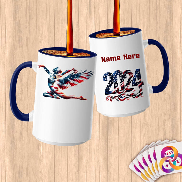 Physical Item 15oz / Blue Patriotic Gymnast American Flag Wings~Limited Edition 2024 "USA Excellence" ~ Customized Large 15oz Mug