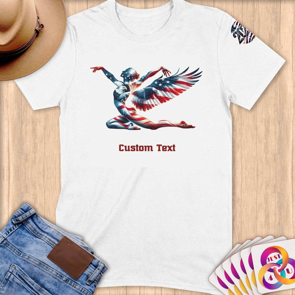 Physical Item S / White Patriotic Gymnast American Flag Wings~Limited Edition 2024 "USA Excellence" ~ Personalized Softstyle T-Shirt