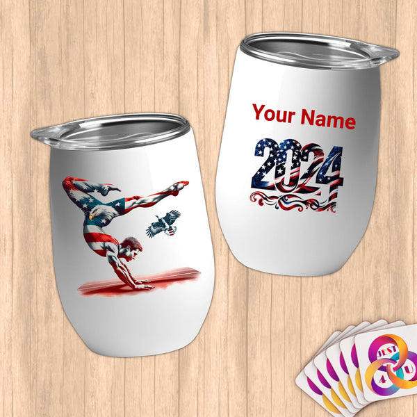 Physical Item 12 oz / White Patriotic Gymnast and Eagle ~Limited Edition 2024 "USA Excellence" ~ Customizable 12oz Wine Tumbler with Lid