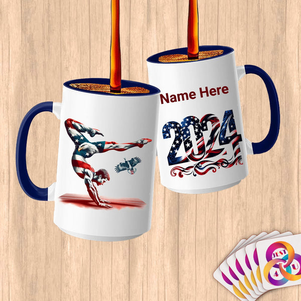 Physical Item 15oz / Blue Patriotic Gymnast and Eagle ~Limited Edition 2024 "USA Excellence" ~ Customized Large 15oz Mug