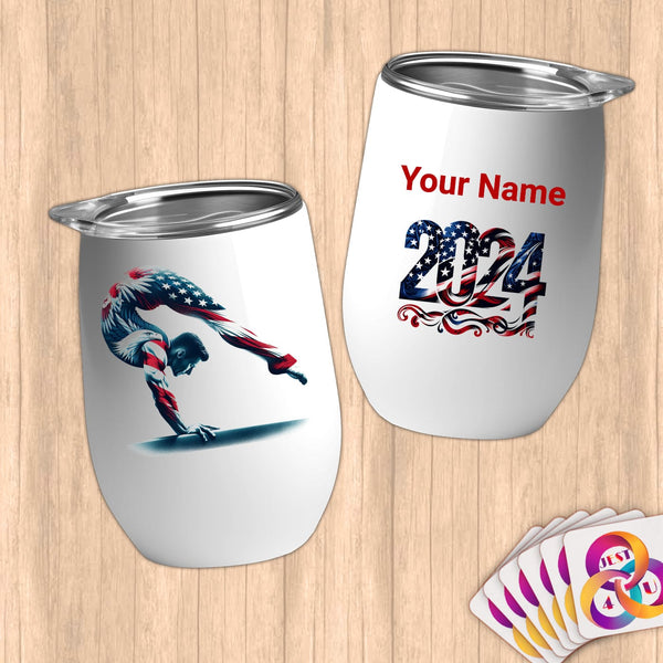Physical Item 12 oz / White Patriotic Gymnast Eagle ~Limited Edition 2024 "USA Excellence" ~ Customizable 12oz Wine Tumbler with Lid