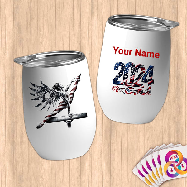 Physical Item 12 oz / White Patriotic Gymnastic Wings ~Limited Edition 2024 "USA Excellence" ~ Customizable 12oz Wine Tumbler with Lid