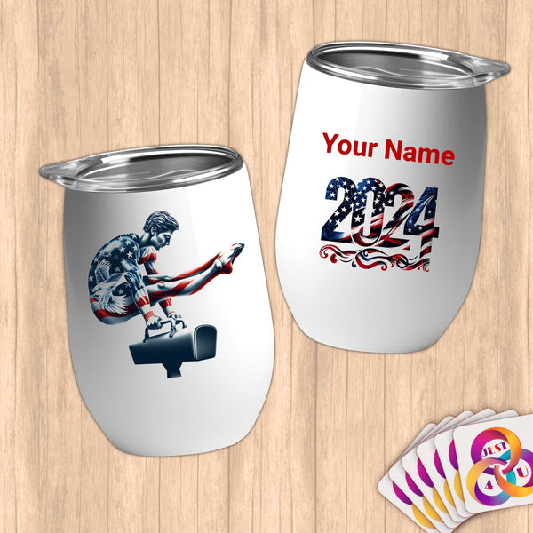 Physical Item 12 oz / White Patriotic Gymnastics Strength ~Limited Edition 2024 "USA Excellence" ~ Customizable 12oz Wine Tumbler with Lid