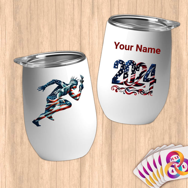 Physical Item 12 oz / White Patriotic Liberty Runner~Limited Edition 2024 "USA Excellence" ~ Customizable 12oz Wine Tumbler with Lid