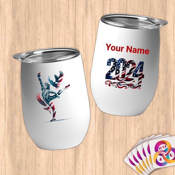 Physical Item 12 oz / White Patriotic Poised Liberty ~Limited Edition 2024 "USA Excellence" ~ Customizable 12oz Wine Tumbler with Lid