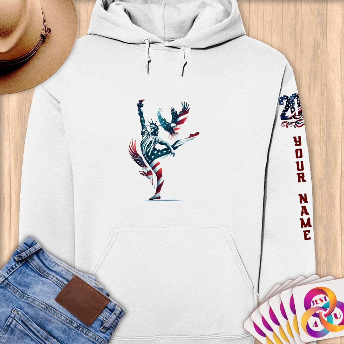 Physical Item S / White Patriotic Poised Liberty ~Limited Edition 2024 "USA Excellence" ~ Personalized Premium Hoodie