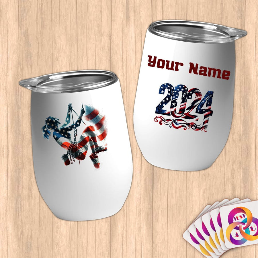 Physical Item 12 oz / White Patriotic Rock Climber ~ Limited Edition 2024 "USA Excellence" ~ Customizable 12oz Wine Tumbler with Lid