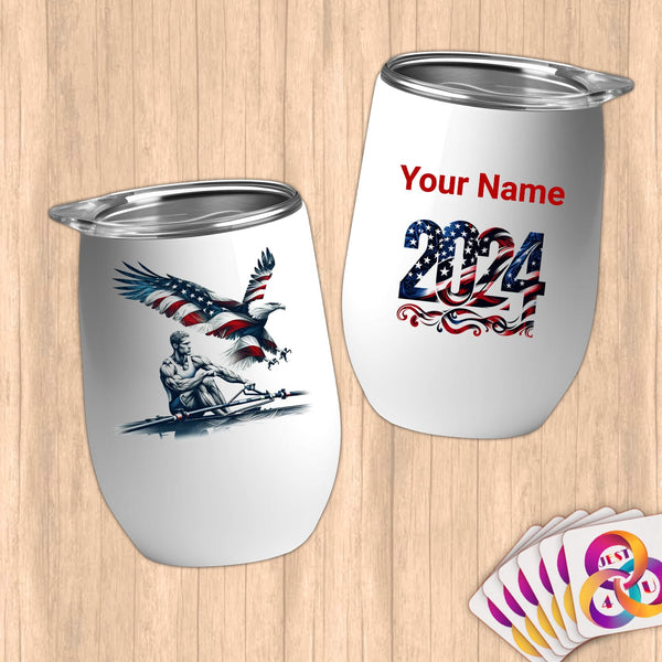 Physical Item 12 oz / White Patriotic Rower and Eagle ~Limited Edition 2024 "USA Excellence" ~ Customizable 12oz Wine Tumbler with Lid