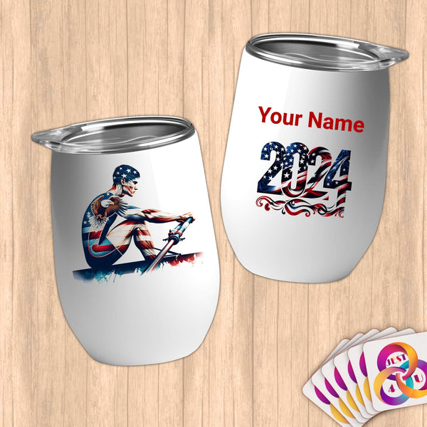 Physical Item 12 oz / White Patriotic Rower ~Limited Edition 2024 "USA Excellence" ~ Customizable 12oz Wine Tumbler with Lid