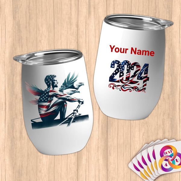 Physical Item 12 oz / White Patriotic Rower with Eagle Guides ~Limited Edition 2024 "USA Excellence" ~ Customizable 12oz Wine Tumbler with Lid