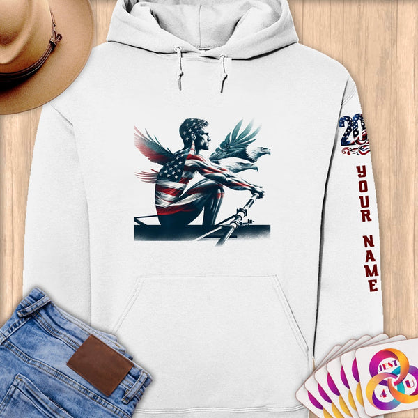 Physical Item S / White Patriotic Rower with Eagle Guides ~Limited Edition 2024 "USA Excellence" ~ Personalized Premium Hoodie