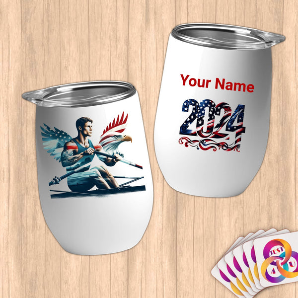 Physical Item 12 oz / White Patriotic Rowing Legend ~Limited Edition 2024 "USA Excellence" ~ Customizable 12oz Wine Tumbler with Lid