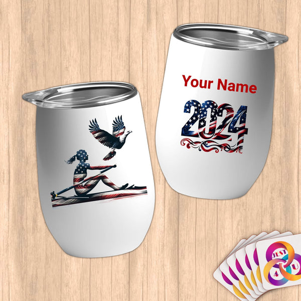 Physical Item 12 oz / White Patriotic Rowing ~Limited Edition 2024 "USA Excellence" ~ Customizable 12oz Wine Tumbler with Lid