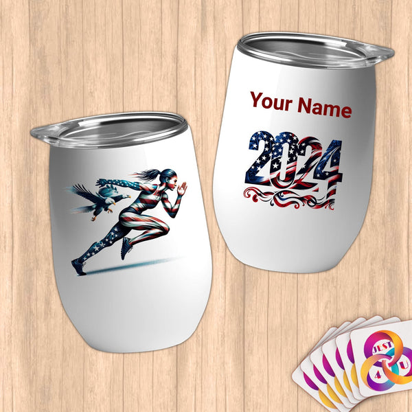 Physical Item 12 oz / White Patriotic Runner Eagle~Limited Edition 2024 "USA Excellence" ~ Customizable 12oz Wine Tumbler with Lid