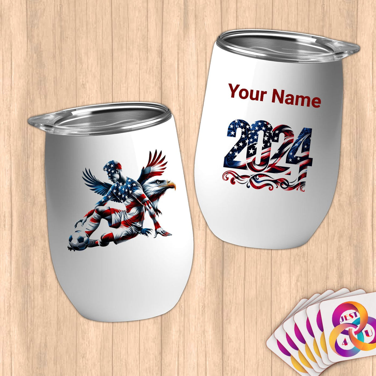 Physical Item 12 oz / White Patriotic Soccer Athlete with Eagle~Limited Edition 2024 "USA Excellence" ~ Customizable 12oz Wine Tumbler with Lid