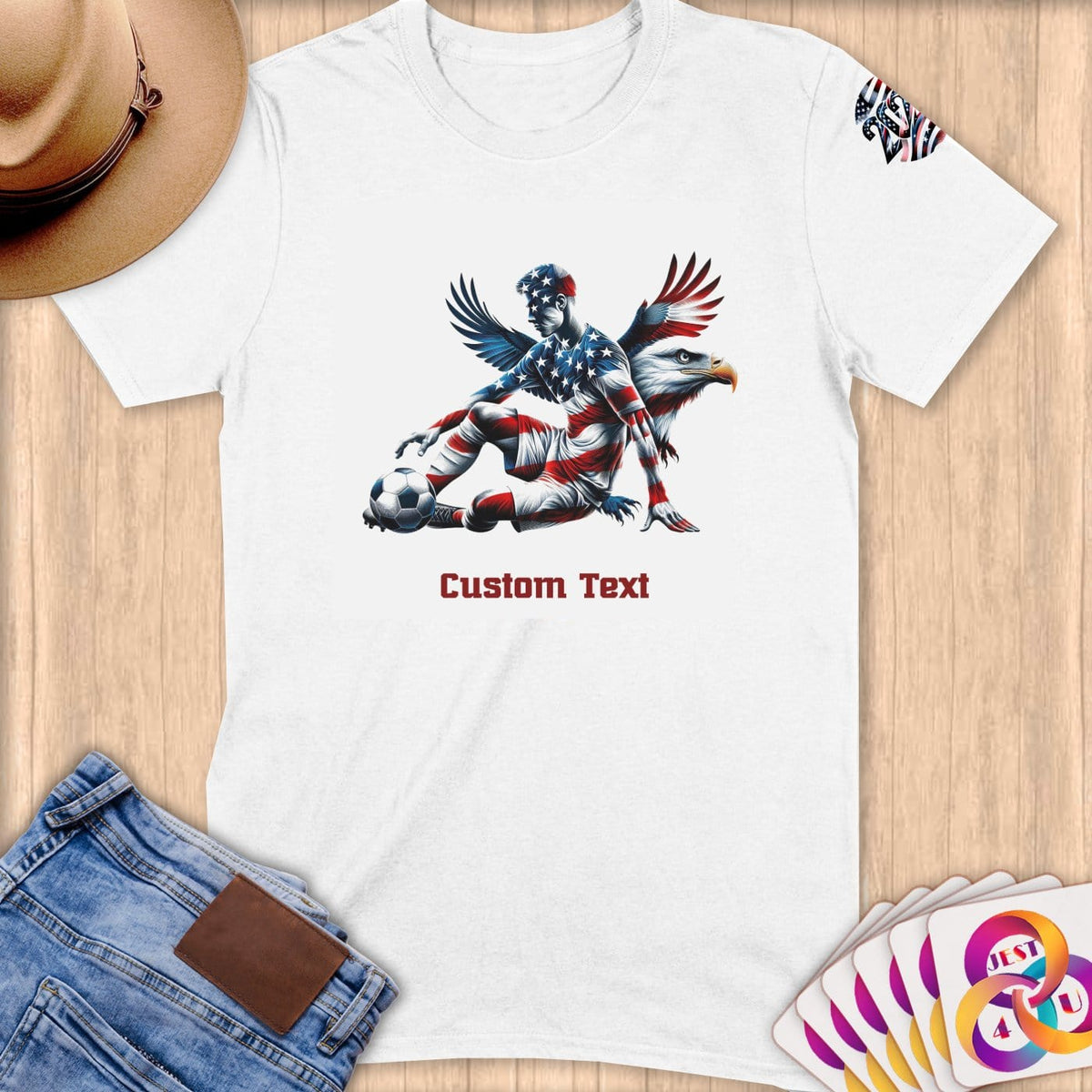 Physical Item S / White Patriotic Soccer Athlete with Eagle~Limited Edition 2024 "USA Excellence" ~ Personalized Softstyle T-Shirt