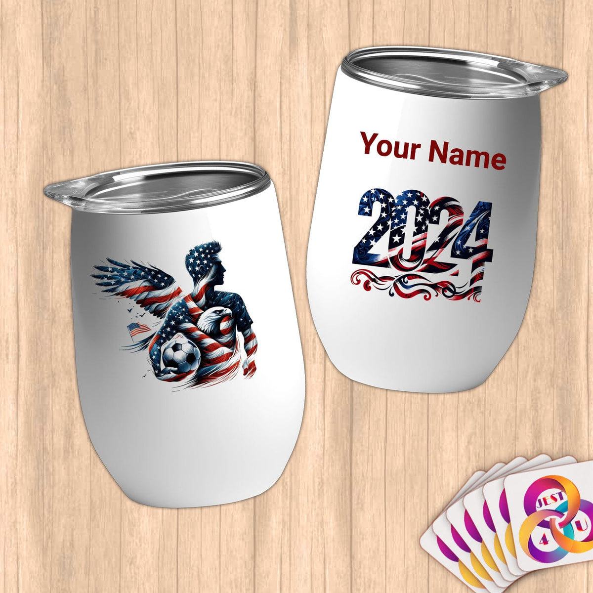 Physical Item 12 oz / White Patriotic Soccer Eagle Wings~Limited Edition 2024 "USA Excellence" ~ Customizable 12oz Wine Tumbler with Lid