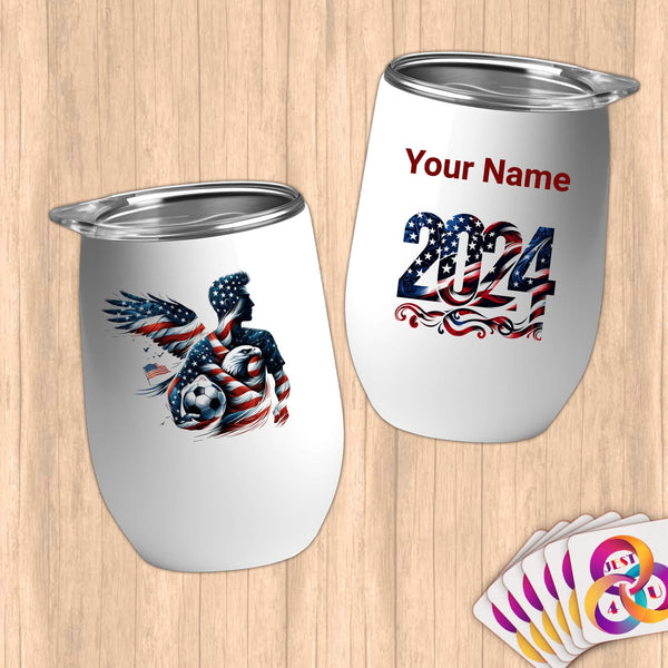 Physical Item 12 oz / White Patriotic Soccer Eagle Wings~Limited Edition 2024 "USA Excellence" ~ Customizable 12oz Wine Tumbler with Lid