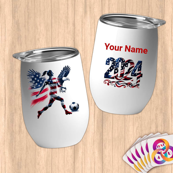 Physical Item 12 oz / White Patriotic Soccer Hero ~Limited Edition 2024 "USA Excellence" ~ Customizable 12oz Wine Tumbler with Lid