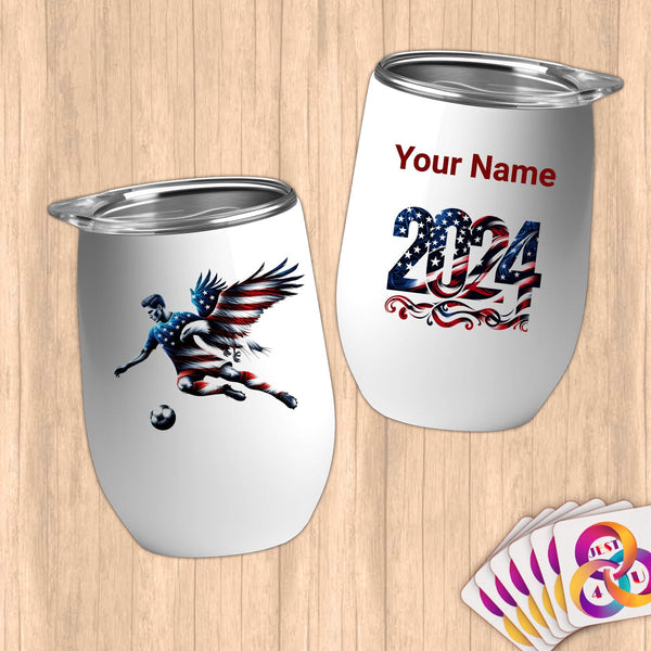 Physical Item 12 oz / White Patriotic Soccer Player Eagle Wing~Limited Edition 2024 "USA Excellence" ~ Customizable 12oz Wine Tumbler with Lid