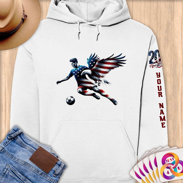 Physical Item S / White Patriotic Soccer Player Eagle Wing~Limited Edition 2024 "USA Excellence" ~ Personalized Premium Hoodie