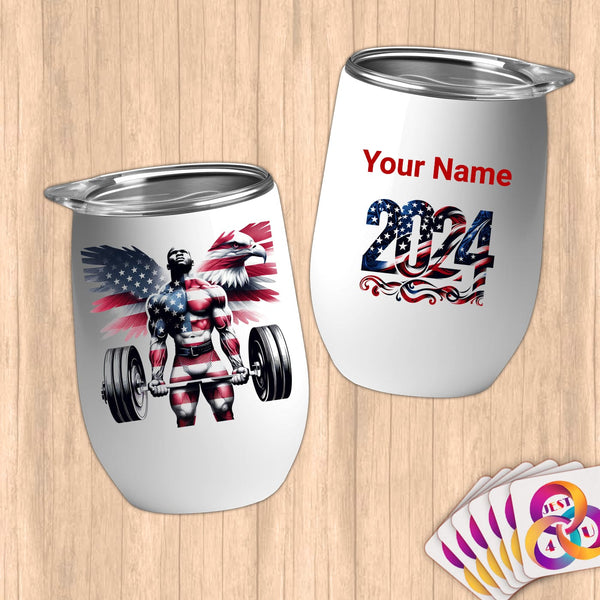 Physical Item 12 oz / White Patriotic Strength Powerlifter ~Limited Edition 2024 "USA Excellence" ~ Customizable 12oz Wine Tumbler with Lid