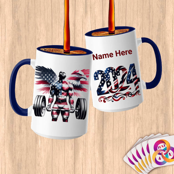 Physical Item 15oz / Blue Patriotic Strength Powerlifter ~Limited Edition 2024 "USA Excellence" ~ Customized Large 15oz Mug