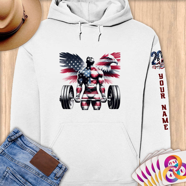 Physical Item S / White Patriotic Strength Powerlifter ~Limited Edition 2024 "USA Excellence" ~ Personalized Premium Hoodie