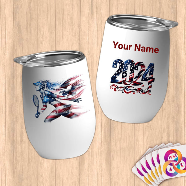 Physical Item 12 oz / White Patriotic Tennis Athlete~Limited Edition 2024 "USA Excellence" ~ Customizable 12oz Wine Tumbler with Lid