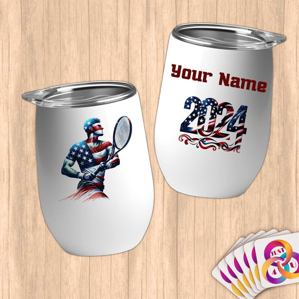 Physical Item 12 oz / White Patriotic Tennis Hero ~ Limited Edition 2024 "USA Excellence" ~ Customizable 12oz Wine Tumbler with Lid