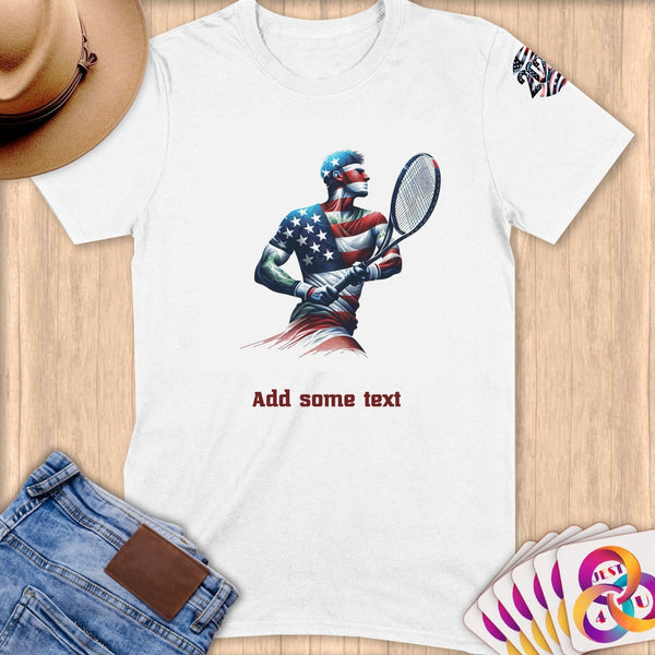 Physical Item S / White Patriotic Tennis Hero ~ Limited Edition 2024 "USA Excellence" ~ Personalized Softstyle T-Shirt