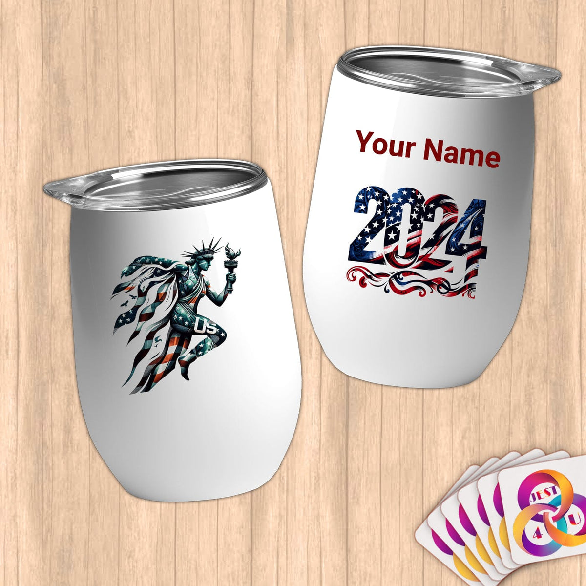 Physical Item 12 oz / White Patriotic USA Liberty~Limited Edition 2024 "USA Excellence" ~ Customizable 12oz Wine Tumbler with Lid