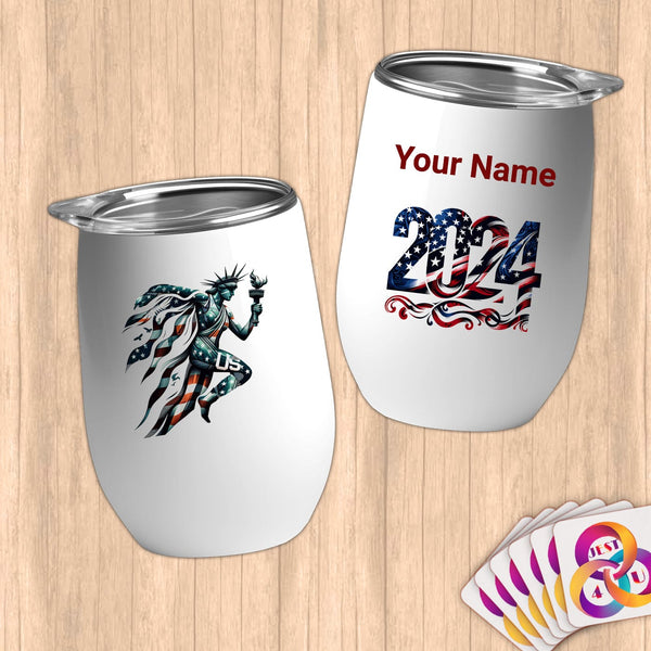 Physical Item 12 oz / White Patriotic USA Liberty~Limited Edition 2024 "USA Excellence" ~ Customizable 12oz Wine Tumbler with Lid
