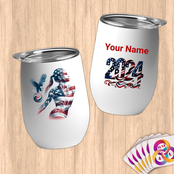 Physical Item 12 oz / White Patriotic Volleyball ~Limited Edition 2024 "USA Excellence" ~ Customizable 12oz Wine Tumbler with Lid