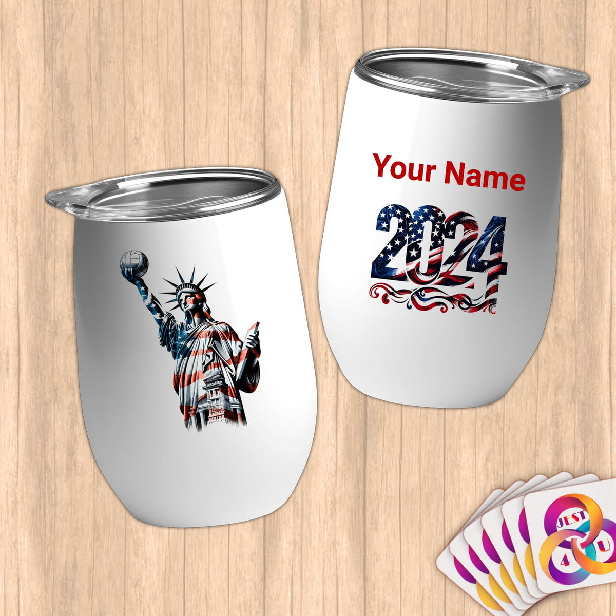 Physical Item 12 oz / White Patriotic Volleyball ~Limited Edition 2024 "USA Excellence" ~ Customizable 12oz Wine Tumbler with Lid