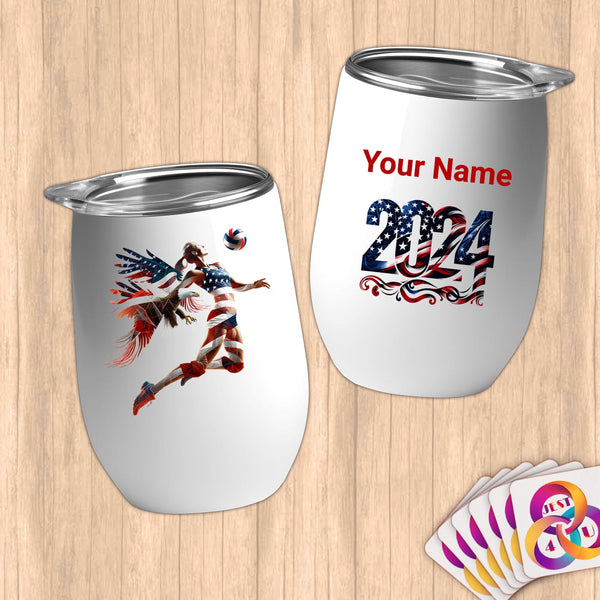 Physical Item 12 oz / White Patriotic Volleyball ~Limited Edition 2024 "USA Excellence" ~ Customizable 12oz Wine Tumbler with Lid