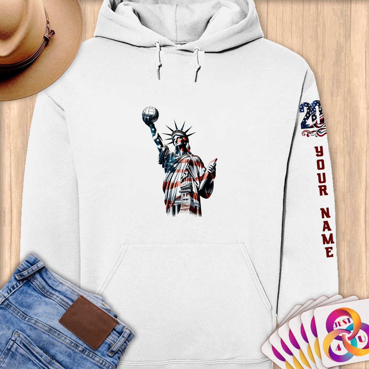 Physical Item S / White Patriotic Volleyball ~Limited Edition 2024 "USA Excellence" ~ Personalized Premium Hoodie
