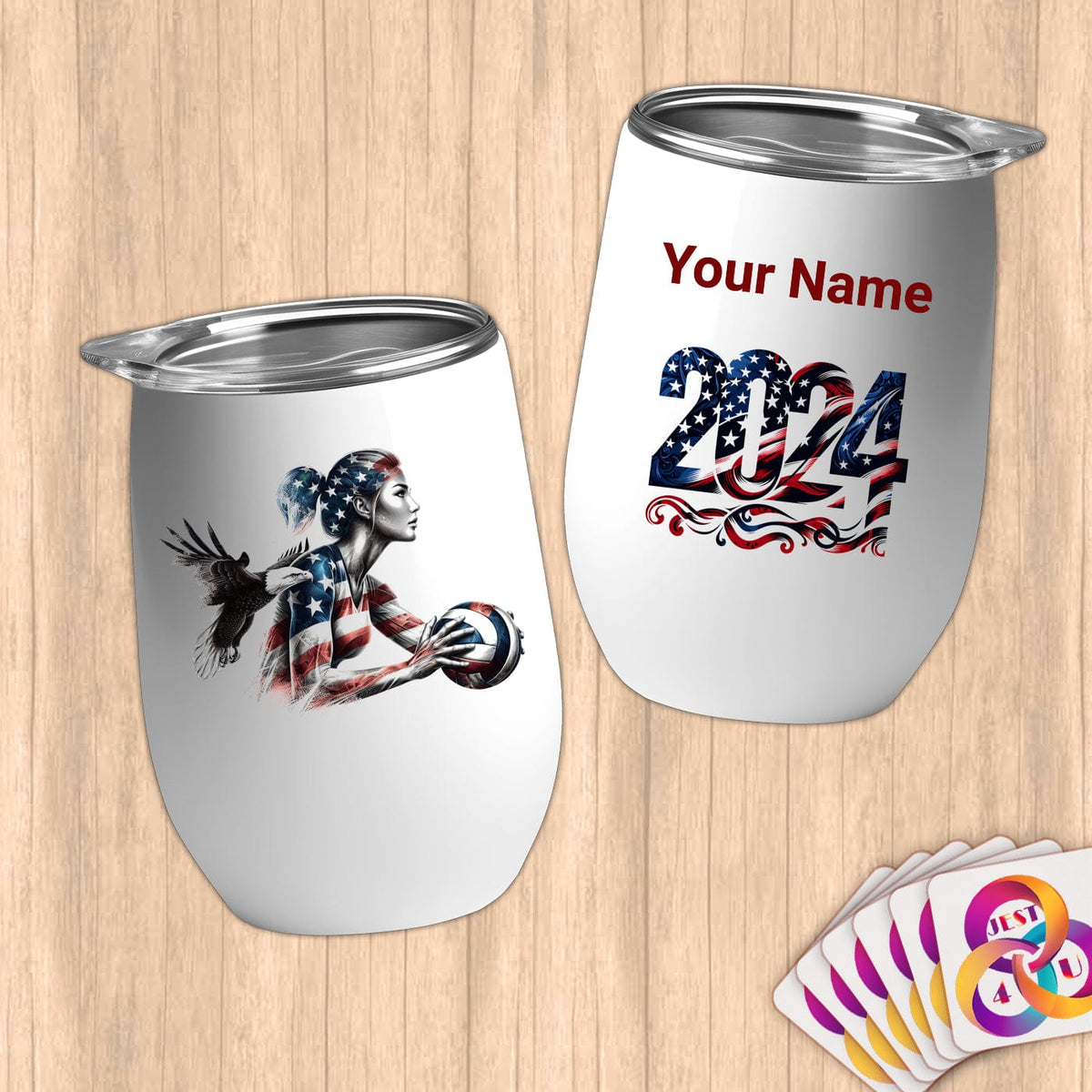 Physical Item 12 oz / White Patriotic Volleyball Player Eagle~Limited Edition 2024 "USA Excellence" ~ Customizable 12oz Wine Tumbler with Lid