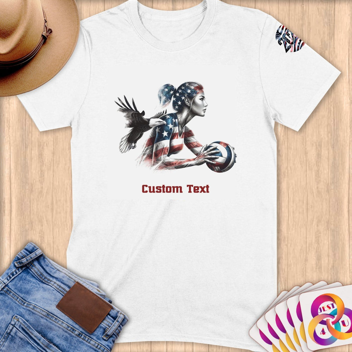 Physical Item S / White Patriotic Volleyball Player Eagle~Limited Edition 2024 "USA Excellence" ~ Personalized Softstyle T-Shirt