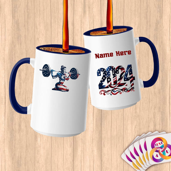 Physical Item 15oz / Blue Patriotic Weightlifting Woman~Limited Edition 2024 "USA Excellence" ~ Customized Large 15oz Mug