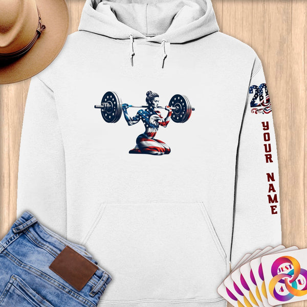 Physical Item S / White Patriotic Weightlifting Woman~Limited Edition 2024 "USA Excellence" ~ Personalized Premium Hoodie