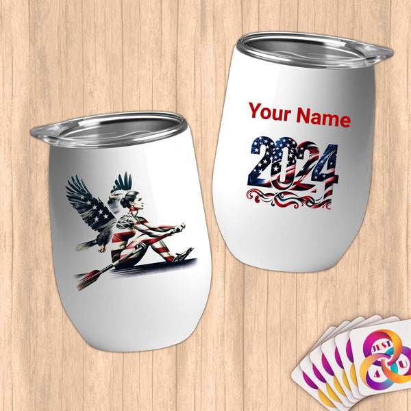 Physical Item 12 oz / White Patriotic Winged Rower ~Limited Edition 2024 "USA Excellence" ~ Customizable 12oz Wine Tumbler with Lid