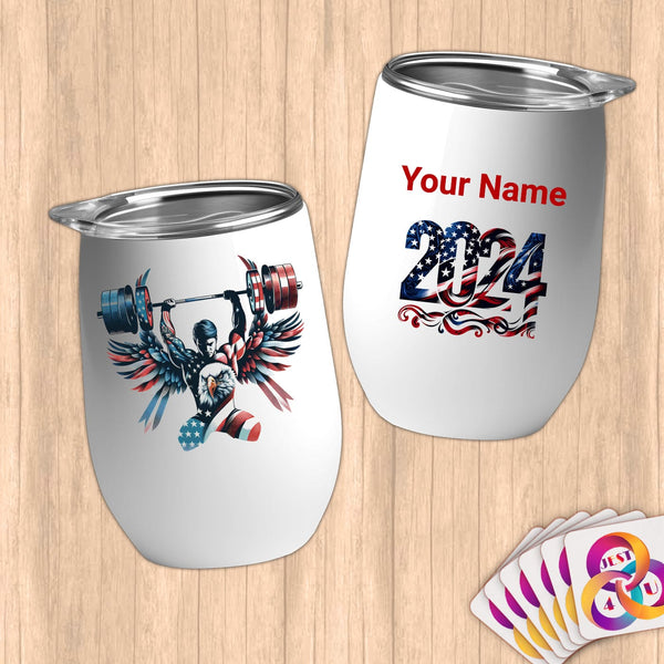 Physical Item 12 oz / White Patriotic Winged Weightlifter ~Limited Edition 2024 "USA Excellence" ~ Customizable 12oz Wine Tumbler with Lid