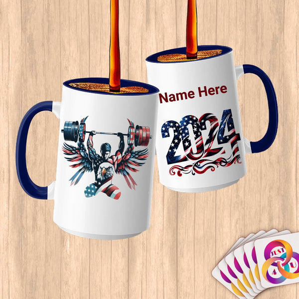 Physical Item 15oz / Blue Patriotic Winged Weightlifter ~Limited Edition 2024 "USA Excellence" ~ Customized Large 15oz Mug