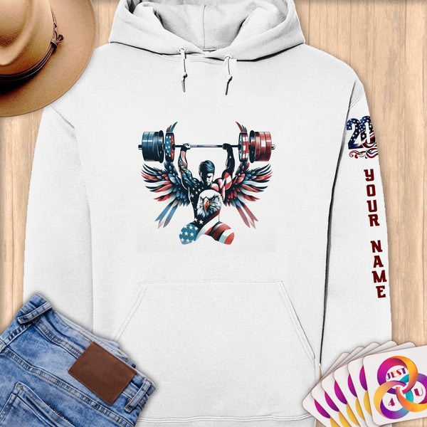 Physical Item S / White Patriotic Winged Weightlifter ~Limited Edition 2024 "USA Excellence" ~ Personalized Premium Hoodie