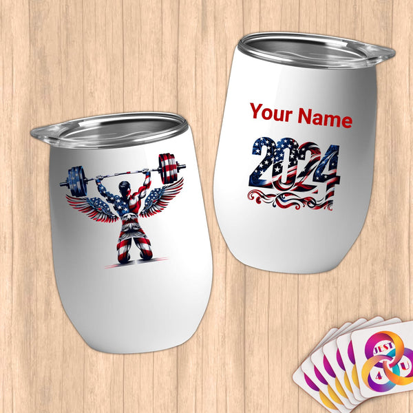 Physical Item 12 oz / White Power Eagle ~Limited Edition 2024 "USA Excellence" ~ Customizable 12oz Wine Tumbler with Lid