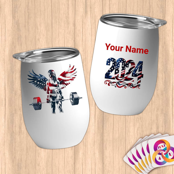 Physical Item 12 oz / White Power Wings ~Limited Edition 2024 "USA Excellence" ~ Customizable 12oz Wine Tumbler with Lid