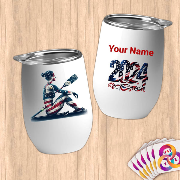 Physical Item 12 oz / White Pride Rowing Champion ~Limited Edition 2024 "USA Excellence" ~ Customizable 12oz Wine Tumbler with Lid