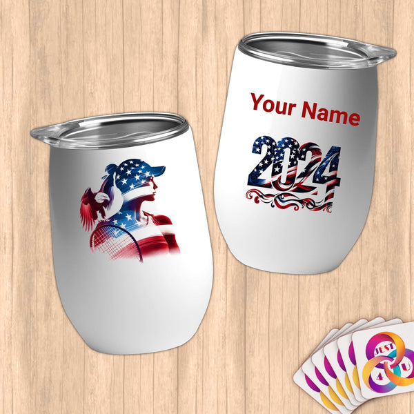 Physical Item 12 oz / White Racket Wings~Limited Edition 2024 "USA Excellence" ~ Customizable 12oz Wine Tumbler with Lid